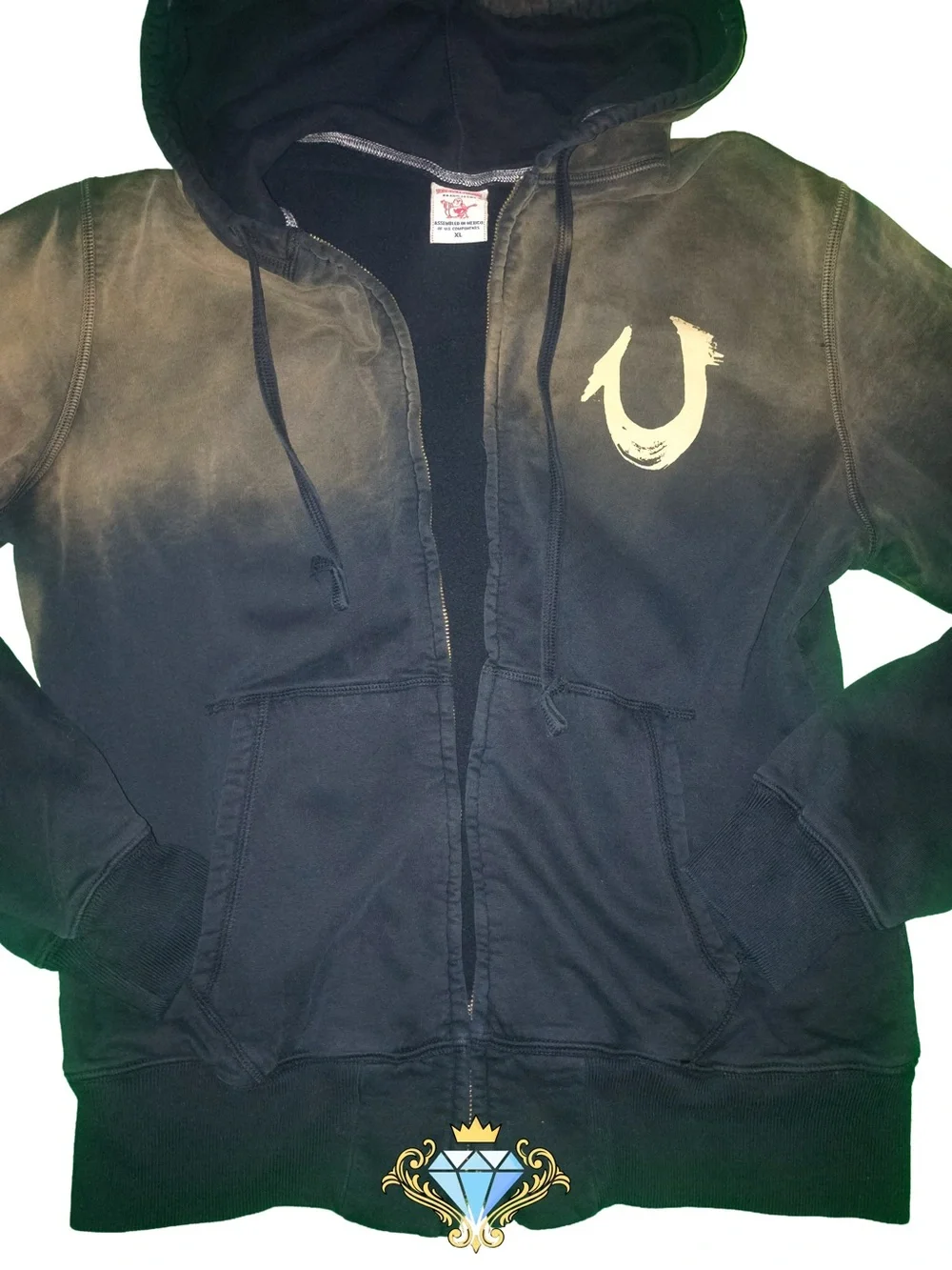 True Religion Men’s Ombré Bleach Dip Zip Hoodie Sweatshirt Size XL Streetwear